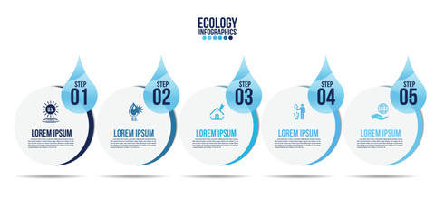 Infographic eco water blue design elements process 5 steps or options parts with water bottle.Ecology organic nature vector business template for presentation.