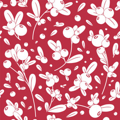Botanical seamless pattern with branches, leaves, berries cranberries, lingonberries on a black background. Vector illustration. Web, invitation card, design for fabrics, wallpapers, textiles