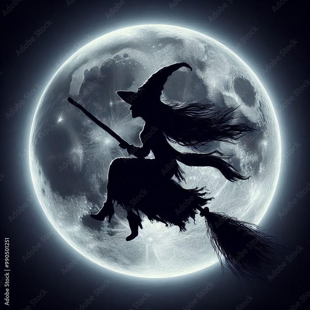 Poster A detailed silhouette of a witch flying on a broomstick against the backdrop of a full moon. Her long hair and cloak flow behind her, creating a dynamic and mysterious scene.. AI Generation