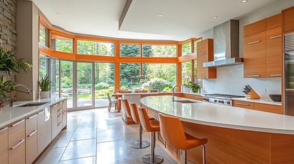 A bright kitchen interior focusing on a curved matte white laminate countertop, blending seamlessly with the surrounding cabinetry