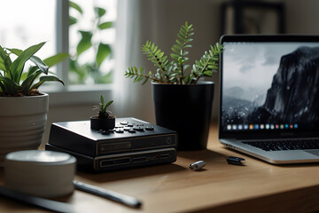  Minimalist image of a black desk with laptop , tiny plant in glass tube , air purifier , toy lamp and white background