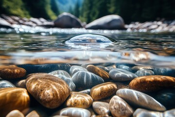 A serene underwater view showcasing smooth pebbles beneath clear water, with a bubble rising toward the surface and lush greenery in the background.