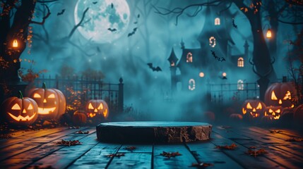 dark empty product podium front detailed Halloween backdrop featuring glowing pumpkins swirling haunted house distance podium highlighted soft moonlight with cobwebs spooky shadows accentuating scene 