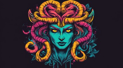 Colorful illustration of a woman with horns on her head.