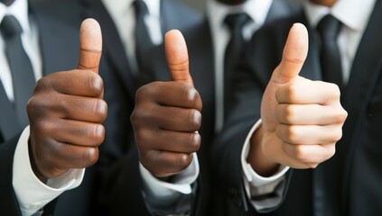 Close-up of three business people giving thumbs-up, wearing business suits.