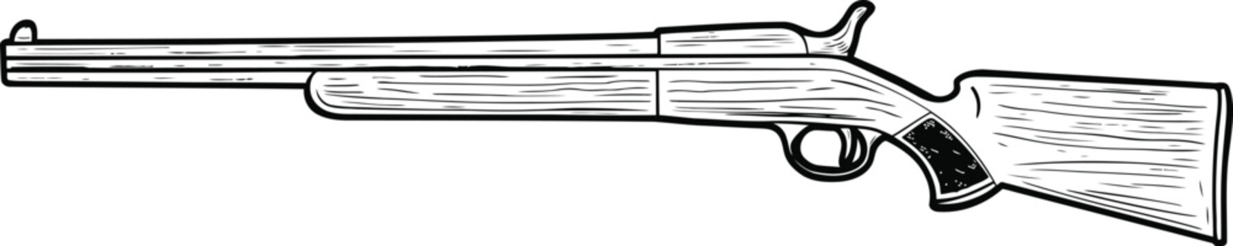 recommend clip art: Detailed hand-drawn sketch of a shotgun element in doodle style, featuring a simple line drawing of a hunting rifle. Isolated vector illustration ideal for hunting and outdoor-themed designs