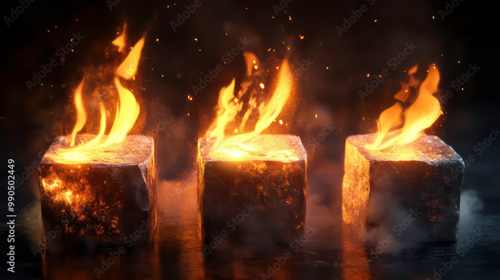 Aufkleber three square stone blocks with fire on top and smoke around them on a dark background.