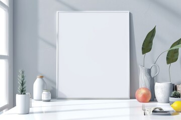 Minimalist Interior with Blank Vertical Frame and Houseplant in Sunlight