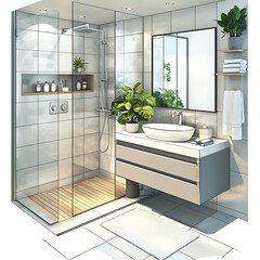 Isometric Bathroom with a Walk-in Shower and Modern Sink
