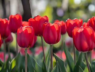Naklejka premium Bright red tulips standing in a row.