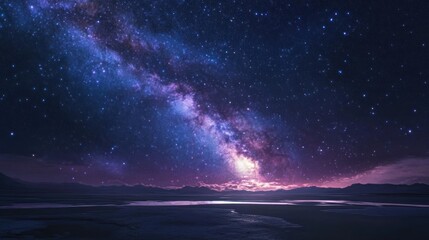 Fototapeta premium Night sky with the Milky Way over a calm lake with mountains in the distance.
