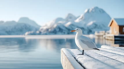 bird step by the peaceful lake in the winter season