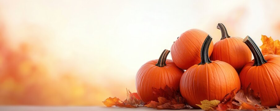 A cluster of vibrant orange pumpkins surrounded by colorful autumn leaves, evoking the spirit of fall and harvest season.