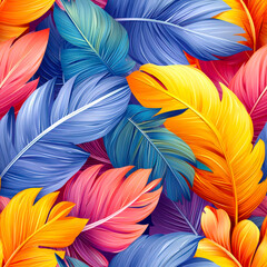 Obraz premium Colorful bird feathers. Seamless feather pattern. A colorful image with lots of colorful feathers. Various shades of blue, pink, yellow, green and orange. A stylish backdrop for the design