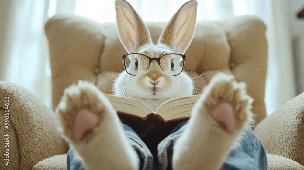 Canvas Prints A rabbit with glasses reading a book in the chair, AI