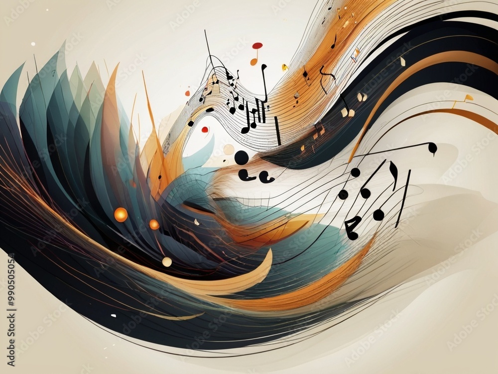 Poster abstract design with musical notes flowing on lines