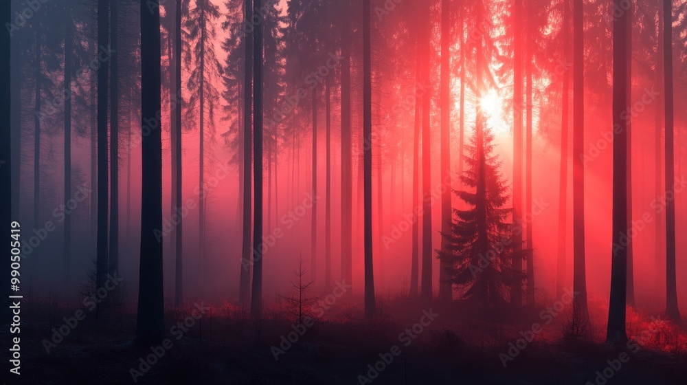 Poster as twilight settles, a dense forest is shrouded in mystical fog, casting vibrant red light across th