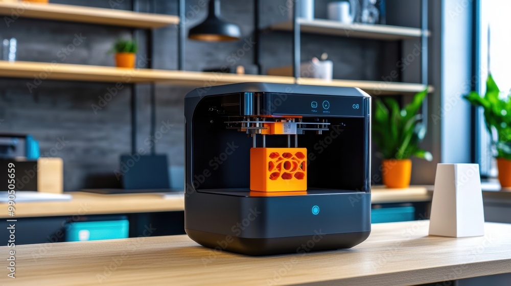Poster modern 3d printer in stylish workspace setting
