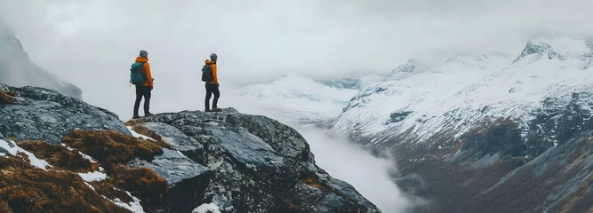 Two hikers in orange jackets admire the breathtaking snowy mountain landscape in a misty valley. Breathtaking vista , panoramic wallpaper with copy space for text.