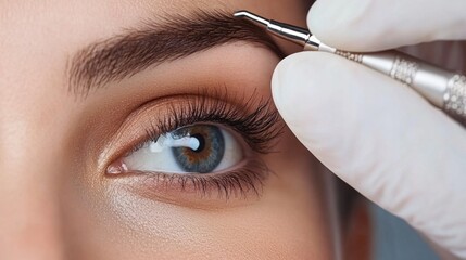 A beautician skillfully shapes the eyebrows of a client using a delicate tool, showcasing precision in a bright and professional salon environment