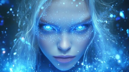 A captivating figure with striking blue eyes gazes intensely, enveloped in a cosmic backdrop filled with twinkling particles, creating an enchanting and ethereal atmosphere