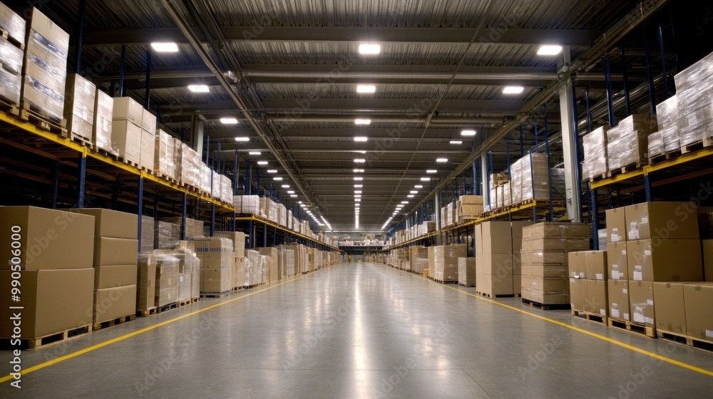 Poster large warehouse featuring rows of neatly arranged cardboard boxes on shelves, with ample lighting an