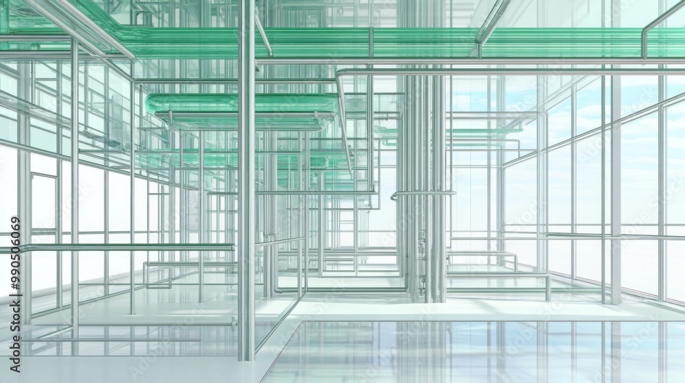 Poster bright transparent structures create a unique architectural space filled with intricate lines and re