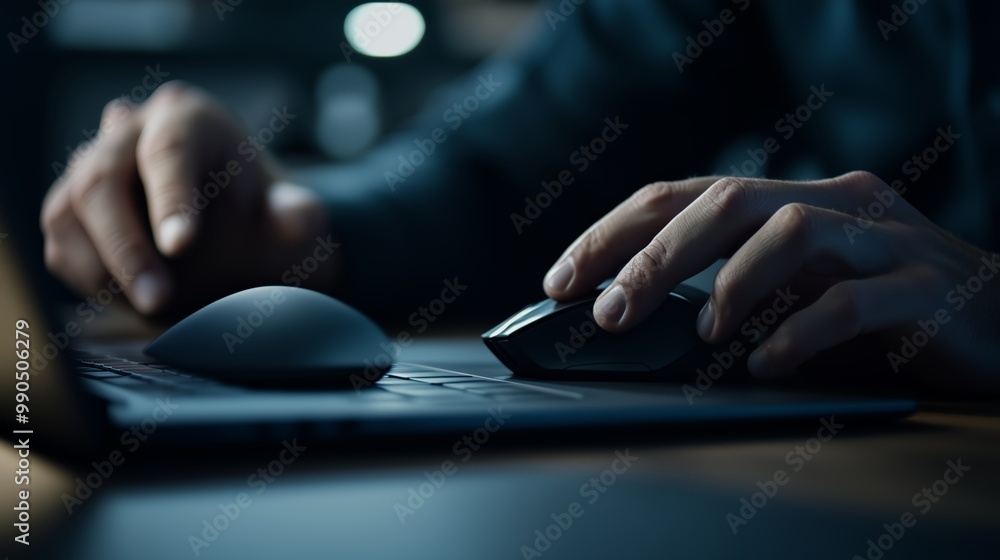 Poster a person working late at night on a laptop while using a computer mouse in a dimly lit room