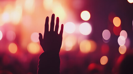 One hand raised alone behind blurred concert 