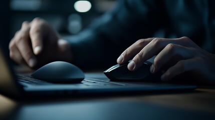 Fototapeta premium A person working late at night on a laptop while using a computer mouse in a dimly lit room