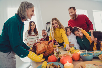 Photo of positive big family celebrating thanksgiving day festive event together eating stuffed turkey indoors