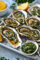 Freshly prepared oysters with herbs and lemon garnish