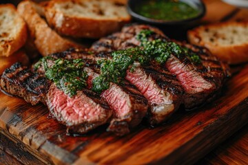 Juicy grilled steak with chimichurri sauce and toasted bread