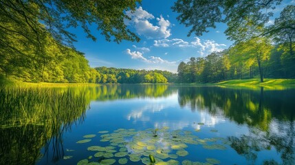 Tranquil lake surrounded by lush green trees with blue skies and clouds reflected in the water.