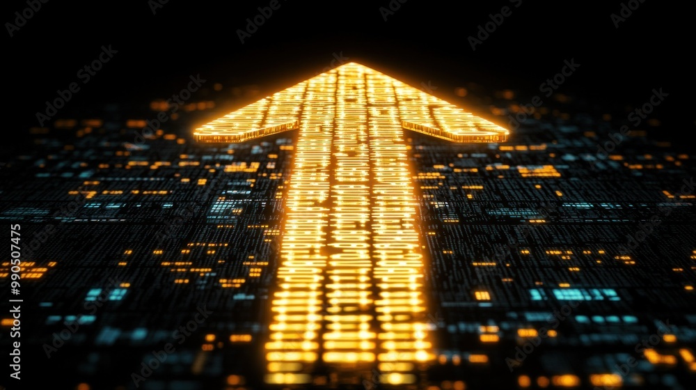 Poster An illuminated arrow made of binary digits shines brightly against a dark background, symbolizing advancement in technology and digital communication while creating a captivating visual effect