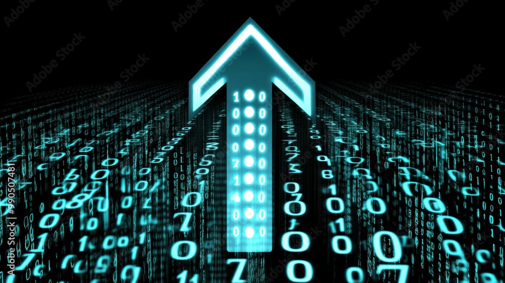 Poster Two dynamic streams of binary code in blue and orange converge in a powerful visual display, showcasing the fusion of technology and data in a striking digital art creation