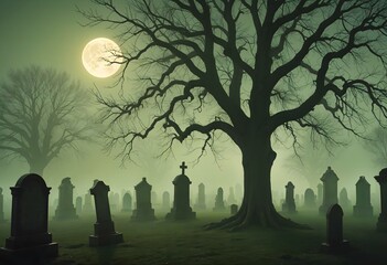 Foggy Graveyard with Tombstones, Gnarled Tree, and Ghostly Figures at Golden Hour