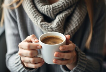 Close up of a woman's hands holding a cup of coffee steam rising