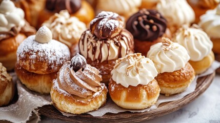 A beautiful assortment of pastries and cream-filled desserts is elegantly arranged on a wooden platter, showcasing various flavors and decorations perfect for a special occasion