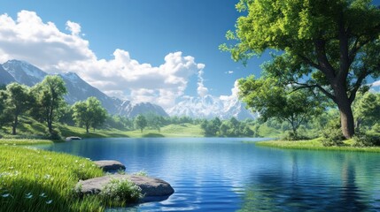 Scenic view of a serene lake with mountains in the background.