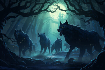 Haunting scene of spectral wolves roaming through a mysterious. Generative AI