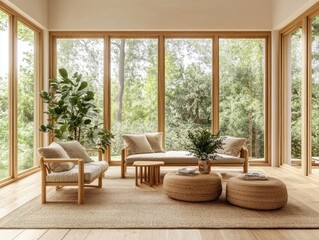 Fototapeta premium A sunroom with light wooden furniture, a neutral-colored rug, and large windows