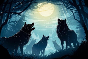Haunting scene of spectral wolves roaming through a mysterious. Generative AI