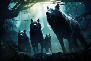 Haunting scene of spectral wolves roaming through a mysterious. Generative AI