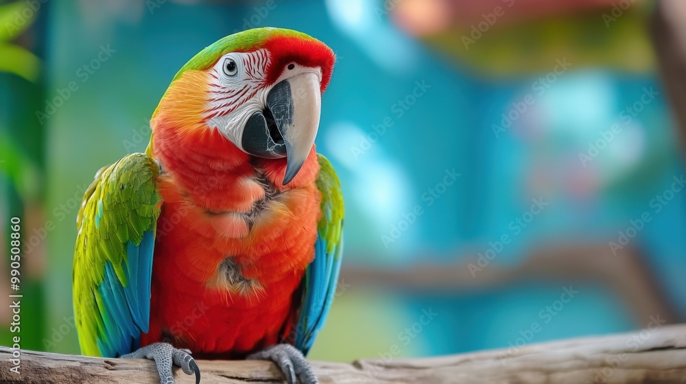 Wall mural A colorful parrot perched on a branch in an exotic setting, AI