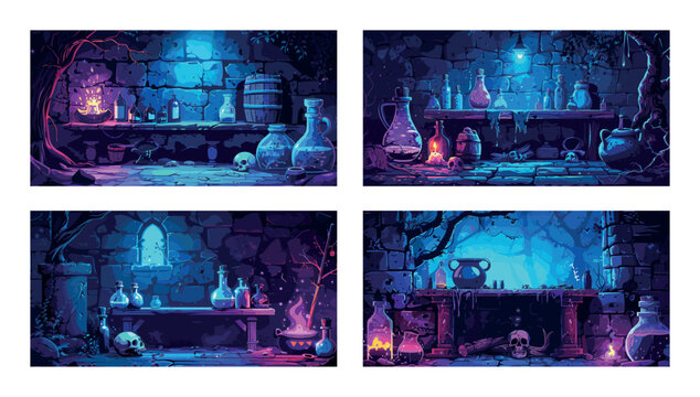 Alchemist table cartoon vector concepts. Skulls elixirs potions flasks poison mixture stone wall roots magical laboratory shelter witch house empty interior illustrations