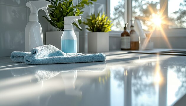 A clean kitchen countertop with spray bottles and a cloth, illuminated by sunlight, showcasing a fresh and tidy ambiance.