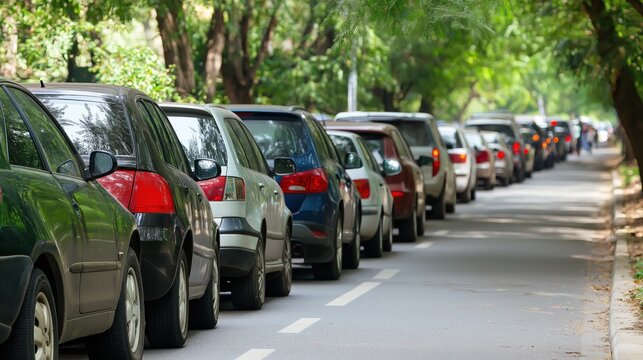 A long line of parked cars occupies one side of a tree-lined suburban street in the mid-afternoon, highlighting typical traffic congestion and the areaвЂ&trade;s residential character