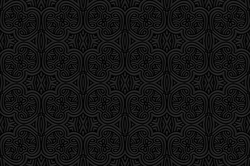 Black ethnic background, tribal cover design, banner. Geometric textured vintage 3D pattern, embossing. Ornaments, arabesques, mandala of the East, Asia, India, Mexico, Aztec, Peru in handmade style.
