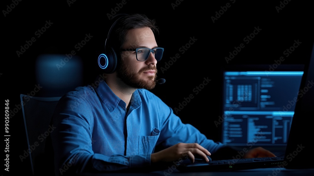 Poster a focused individual works intently on programming tasks, wearing glasses and a headset, with glowin